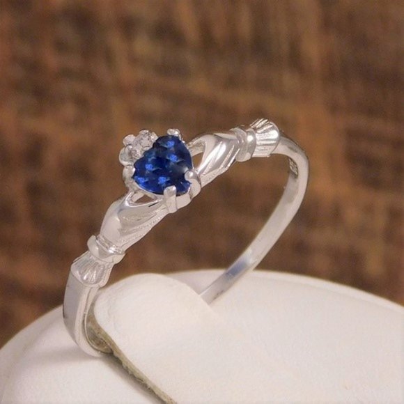 Dainty Irish Claddagh Ring with Blue Sapphire - Picture 2 of 4